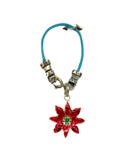 Christmas Poinsettia Hand-enameled Removable Sterling Silver Charm on Leather and Sterling Silver KooLoop approx. 2 1/16"