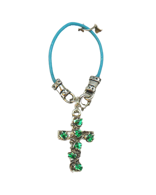 Sterling Cross with Green Leaf Design Hand-enameled Removable Charm on Leather and Sterling Silver KooLoop approx. 2 1/8"