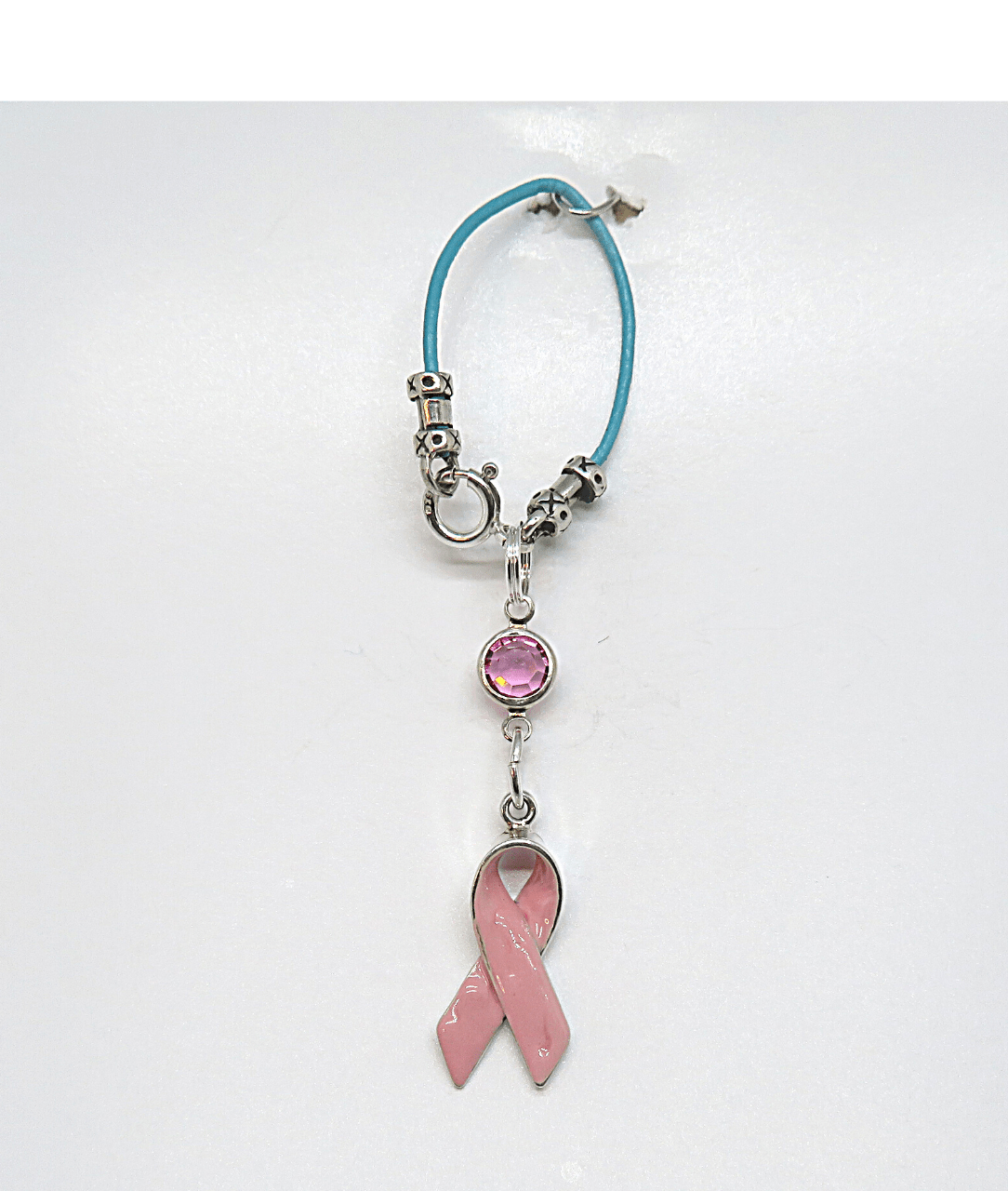 Pink Ribbon Hand-enameled with Pink Swarovski Crystal Removable Charm on Leather and Sterling Silver KooLoop approximately 2 7/8″, Removable Charm is 1 3/4″ L