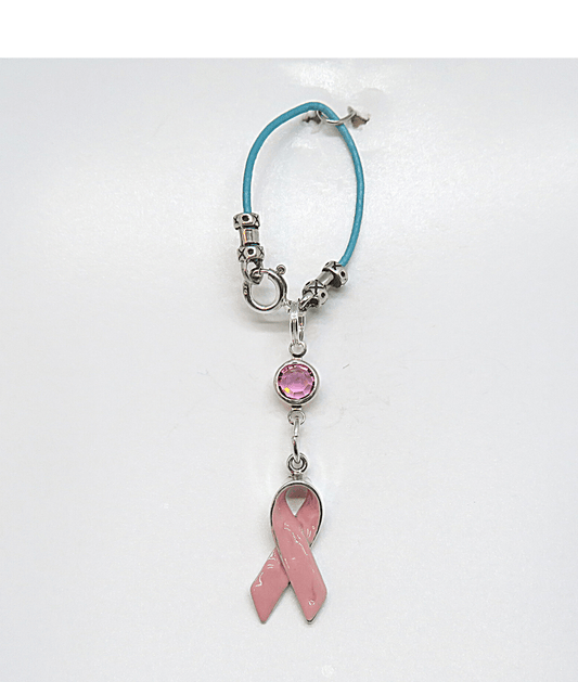 Pink Ribbon Sterling Hand-enameled with Pink Swarovski Crystal Removable Charm on Leather KooLoop approximately 2 7/8″, Removable Charm is 1 3/4″ L