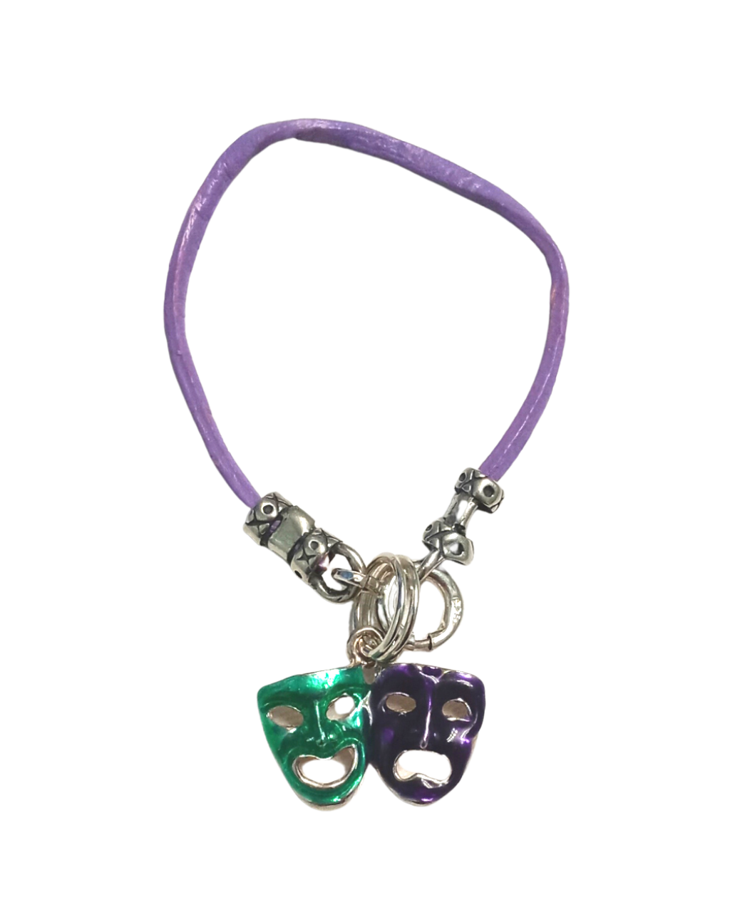 Mardi Gras Hand-enameled Green Purple Comedy/Tragedy Removable Mask Sterling Charm on Leather KooLoop.