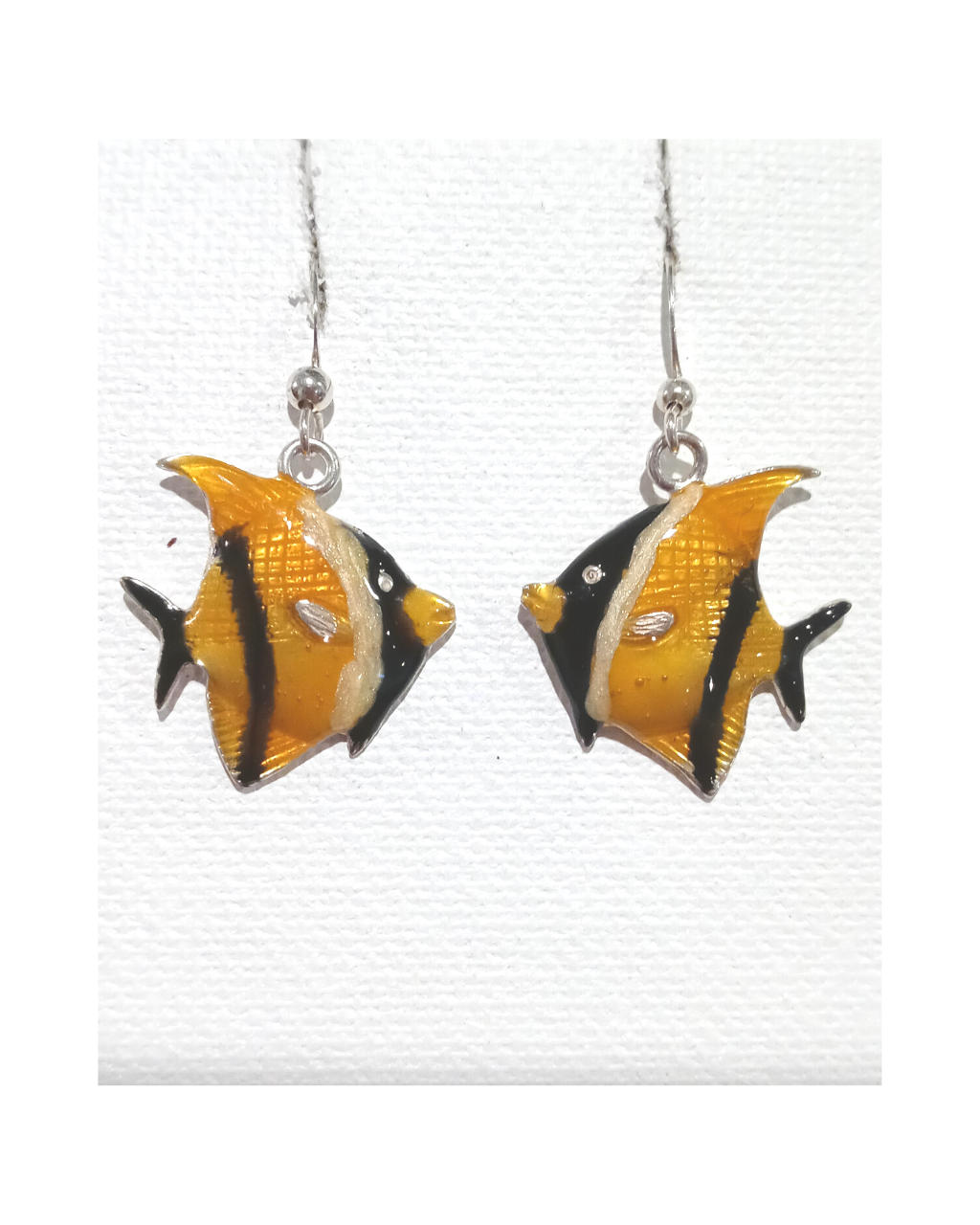Exclusive Sterling Wearable Art Hand-enameled Black and Gold Moorish Idol Tropical Fish Earrings 1 1/2"H X 1 3/16"W
