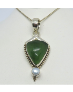 Sterling Green Jade and Light Grey Pearl Removable Pendant 1 7/8"H X 3/4"W and 18" Box Chain. ONE ONLY