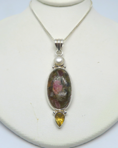 Sterling Breciated Jasper, White Pearl, Citrine Removable Pendant 2"H X 5/8"W on 18" Box Chain. ONE ONLY.