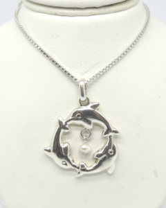 Sterling Puffed Dolphins with Pearl Removable 1 3/16"H X 15/16"W Pendant with 18" Box Chain ONE ONLY.