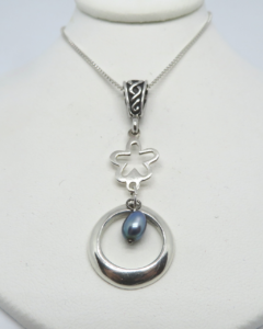 Sterling Flower and Dark Grey Pearl Removable 1 3/4"H 3/4"W Pendant on 18" Box Chain. ONE ONLY.