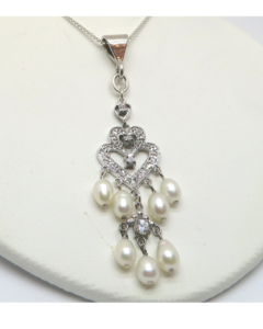 Gorgeous Sterling Dangling Pearls and Sparkling Cubic Zirconia Removable 2 11/16"H X 3/4"W Pendant on 18" Box Chain.