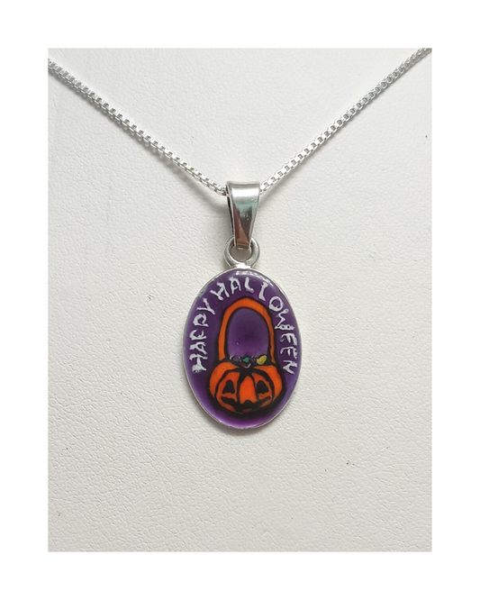 Sterling Hand-enameled Wearable Art One Only Happy Halloween Pendant and Necklace