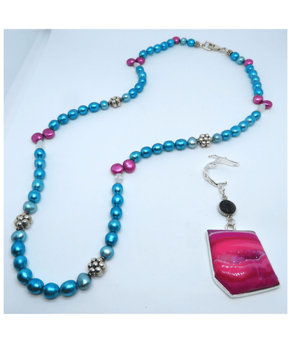 Sterling, Pearls, Crystal Quartz Necklace is 21" with Removable Pink Agate Druzy and Faceted Black Spinel Enhancer Pendant 2 1/2"L . ONE ONLY.