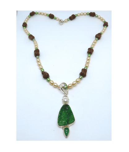 Golden, Green Pearls, Unique Carved Brown Jasper Handmade Sterling Necklace Approx. 21" Includes Removeable Quartz Druzy Enhancer Pendant 2 1/4"L X 1/2"W. ONE ONLY.