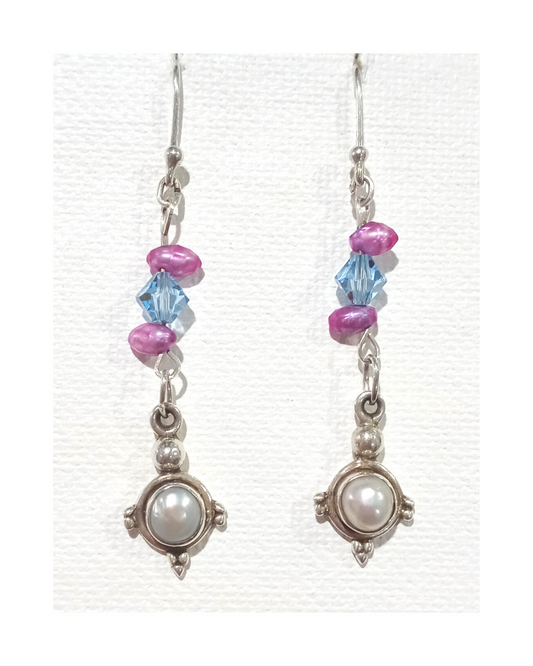 Pearl and Swarovski Crystals Sterling Silver Dangle Earrings