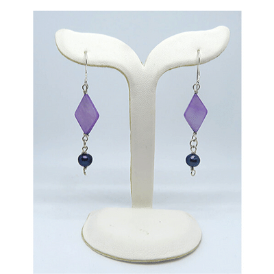 Dyed Lavender Diamond-shaped Mother-of-Pearl and Genuine Dyed Dark Purple Pearl Sterling Silver Dangle Earrings approx. 2 1/8"