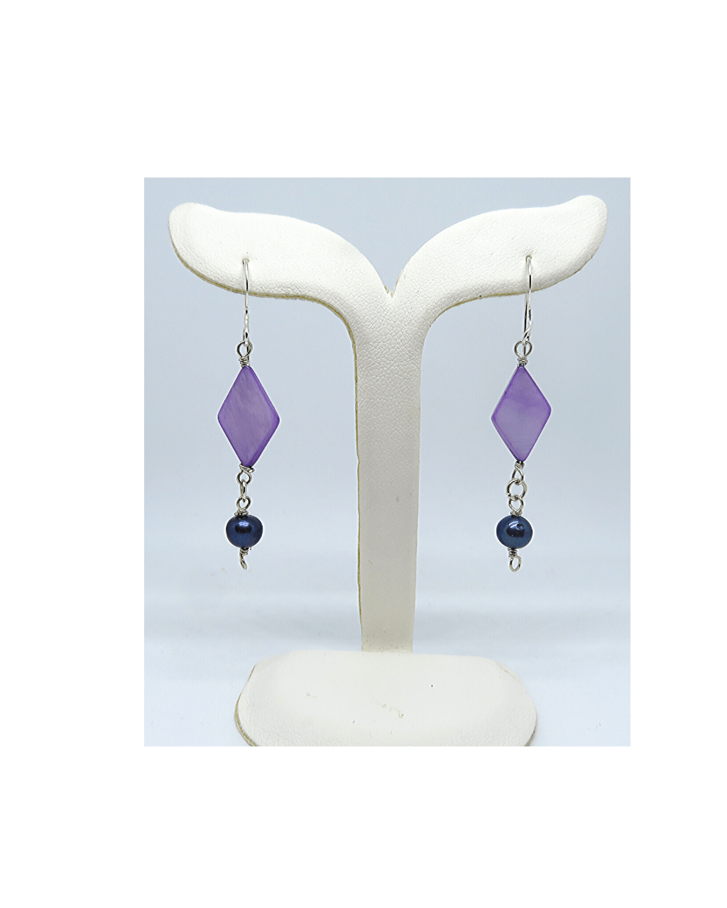 Dyed Lavender Diamond-shaped Mother-of-Pearl and Genuine Dyed Dark Purple Pearl Sterling Silver Dangle Earrings approx. 2 1/8"