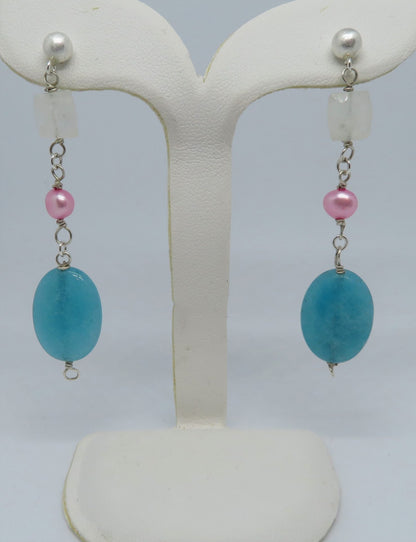 Rainbow Moonstone, Pink Pearl, Blue Faceted Jade Sterling Silver Posts ONE ONLY
