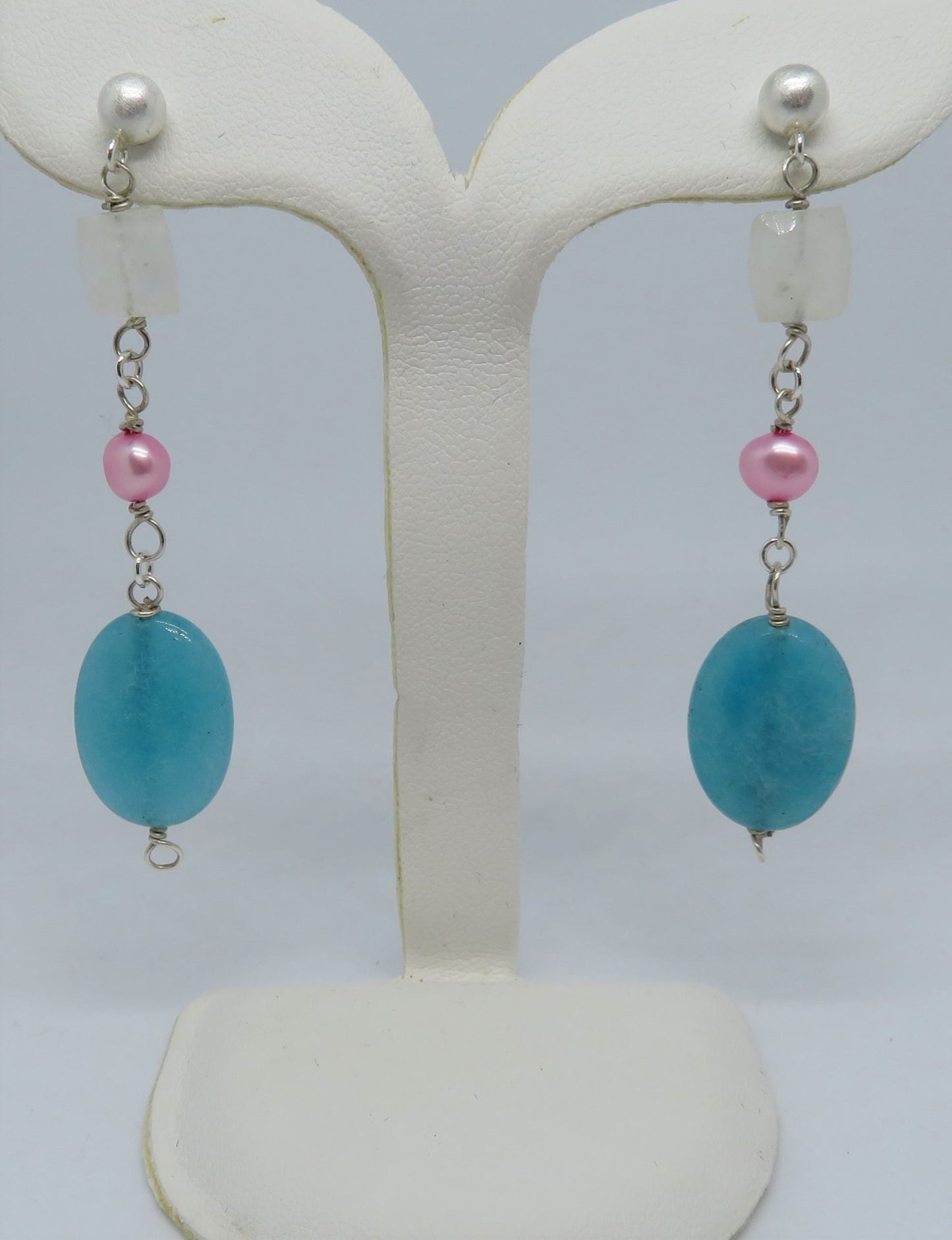 Rainbow Moonstone, Pink Pearl, Blue Faceted Jade Sterling Silver Posts ONE ONLY