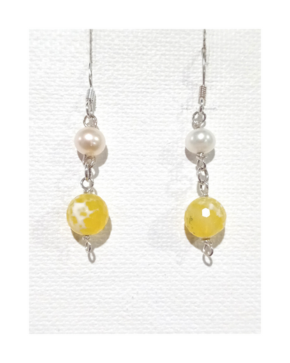 White Pearl and Yellow and White Faceted Agate Sterling Silver Dangle Earrings Approx. 1 5/8"