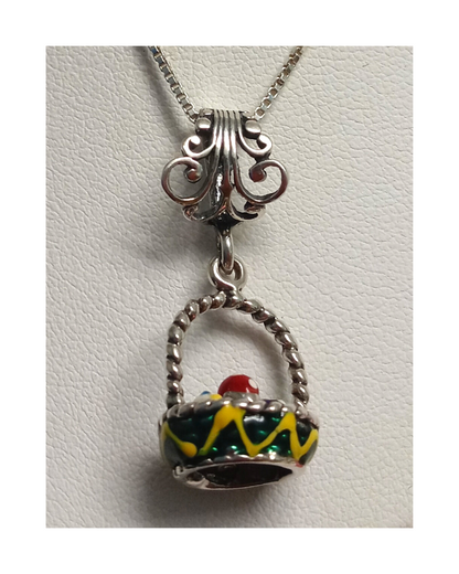 Exclusive Amazing Sterling Hand-enameled Wearable Art 3-D Easter Basket with Enamel Eggs Inside Basket Removable Pendant 1 5/16"L X 9/16"W on 18" Box Chain ONE ONLY