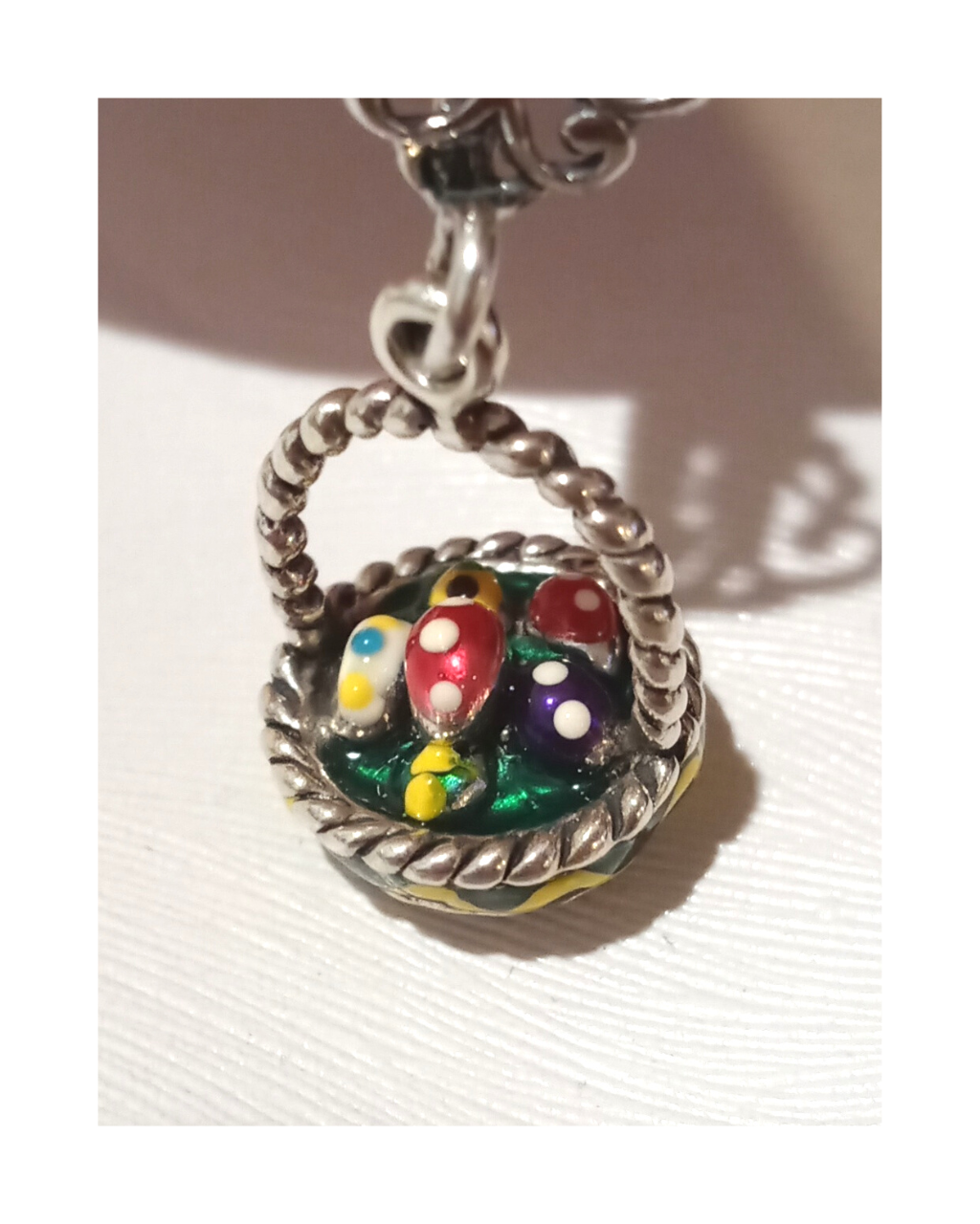 Exclusive Amazing Sterling Hand-enameled Wearable Art 3-D Easter Basket with Enamel Eggs Inside Basket Removable Pendant 1 5/16"L X 9/16"W on 18" Box Chain ONE ONLY