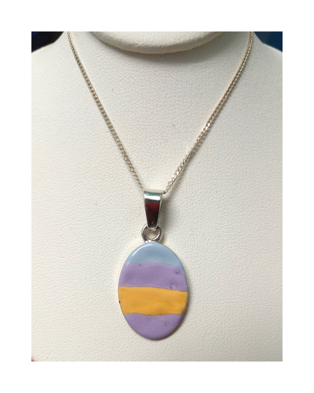 Exclusive Sterling Hand-enameled Wearable Art Oval Easter Egg Design with Polished Back for Engraving Removable Pendant 1 7/16"L X 11/16"W on 16" Curb Chain ONE ONLY