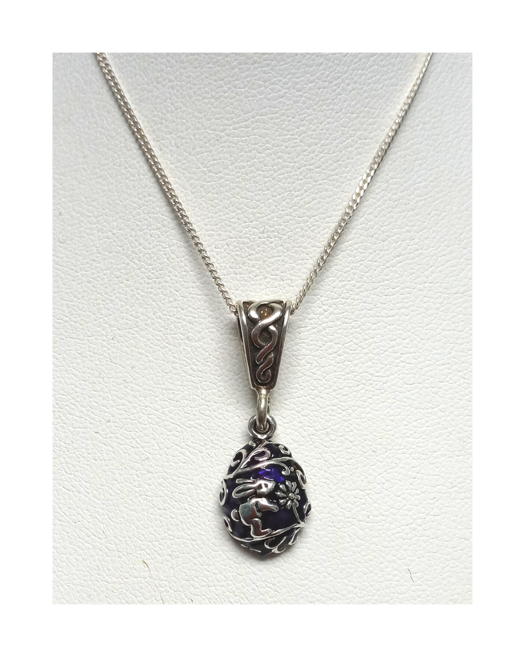 Exclusive Sterling Hand-enameled Purple Easter Egg Design Removable Pendant on 16" Curb Chain