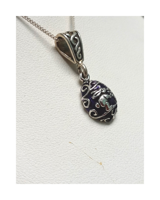 Exclusive Sterling Hand-enameled Purple Easter Egg Design Removable Pendant on 16" Curb Chain