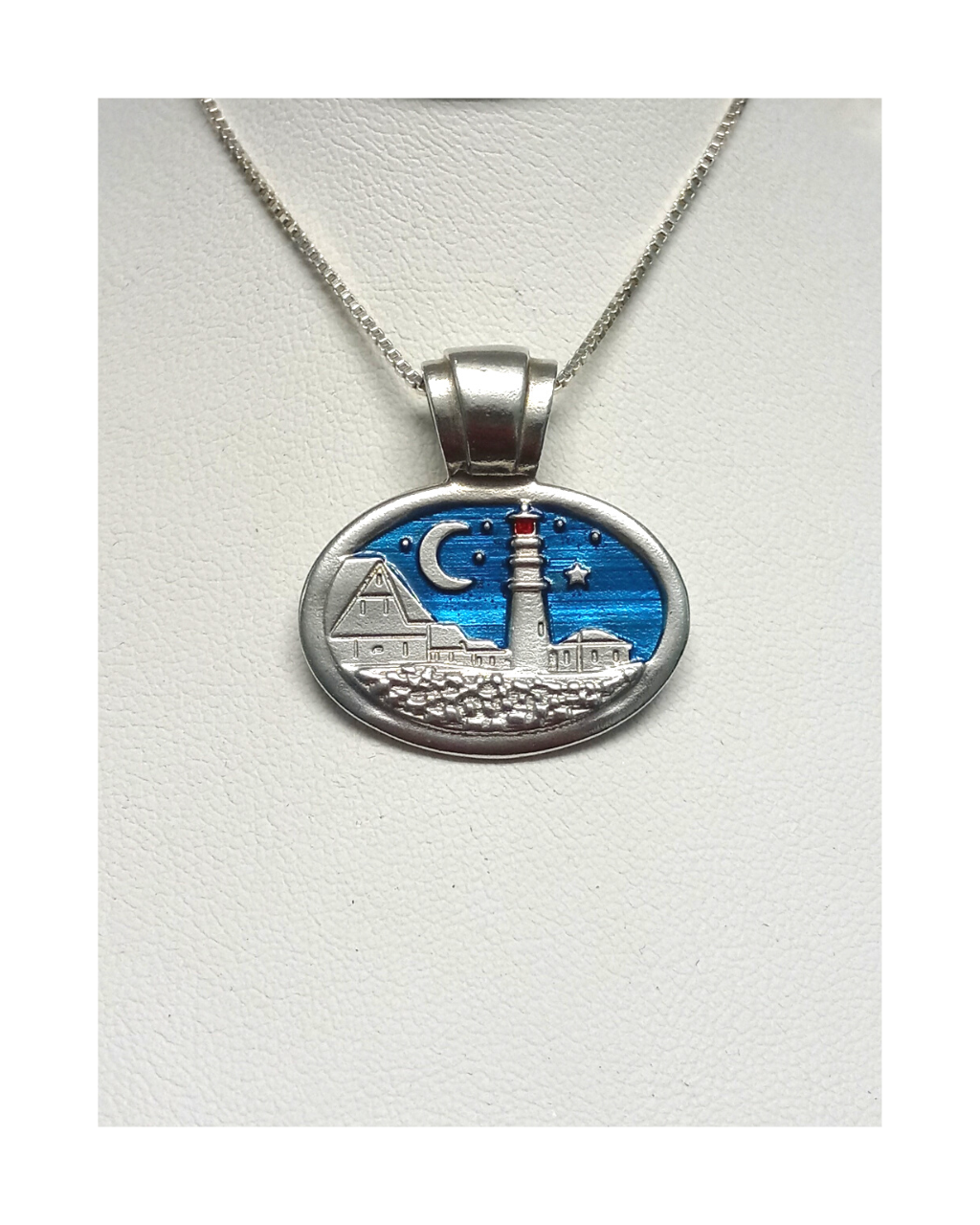Exclusive Wearable Art Hand-enameled Beautiful Lighthouse Scene Removable Slide Pendant 1 1/8"L X 1 1/8"W Sterling Necklace on 18" Box Chain