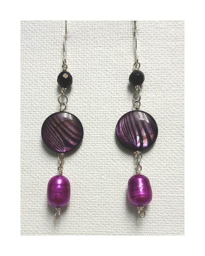 Faceted Black Onyx, Round Dyed Purple Lined Mother-of-Pearl, and Purple Pearl Sterling Silver Dangle Earrings Approx. 2 3/4" ONE ONLY