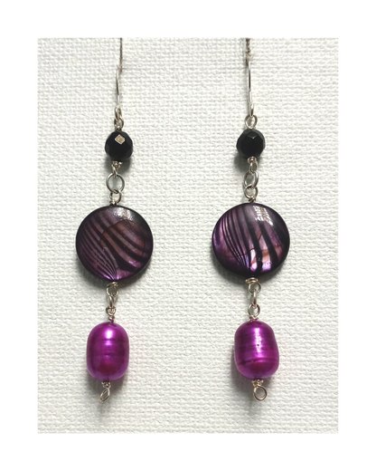 Faceted Black Onyx, Round Dyed Purple Lined Mother-of-Pearl, and Purple Pearl Sterling Silver Dangle Earrings Approx. 2 3/4" ONE ONLY