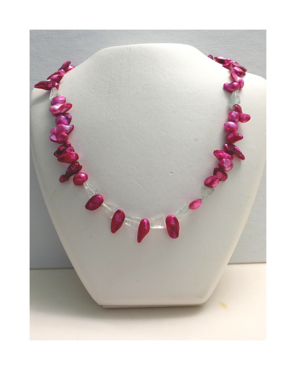 Fuschia Pink Dyed Baroque Pearl and Light Green Triangle Aventurine Sterling 19 1/2" Necklace ONE ONLY